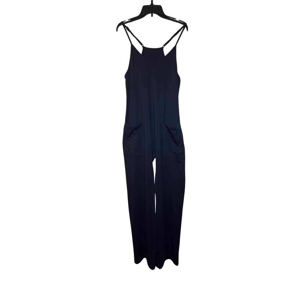 Navy Blue Knit Sleeveless Jumpsuit w/ Adjustable Straps and Pockets - Medium